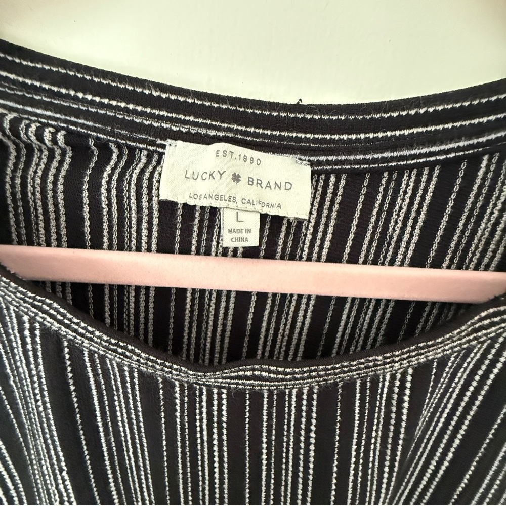 Lucky Brand Black & White Striped Bell Sleeve Lace-upTop Size L - Picture 3 of 7